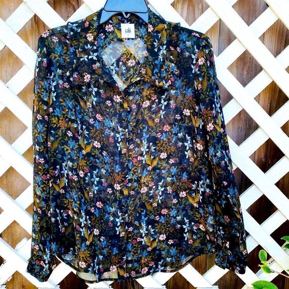 👚Cabi Floret Black Floral Ruffle Collar Button Long Sleeve Blouse Sz Small NWOT - Picture 2 of 10